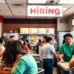 Fast-food restaurant scene with diverse diners and staff.
