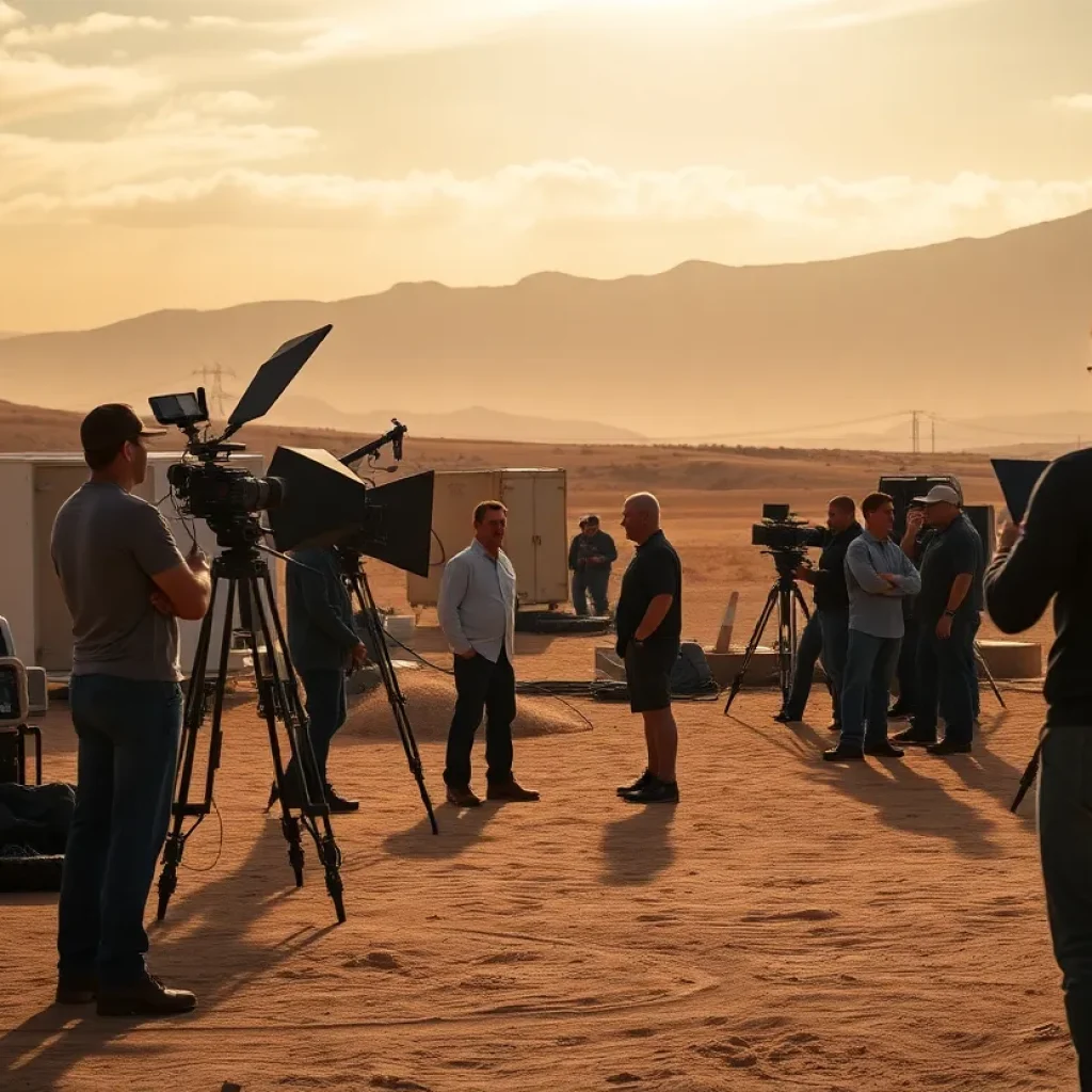 Film crew working on a dramatic California film set