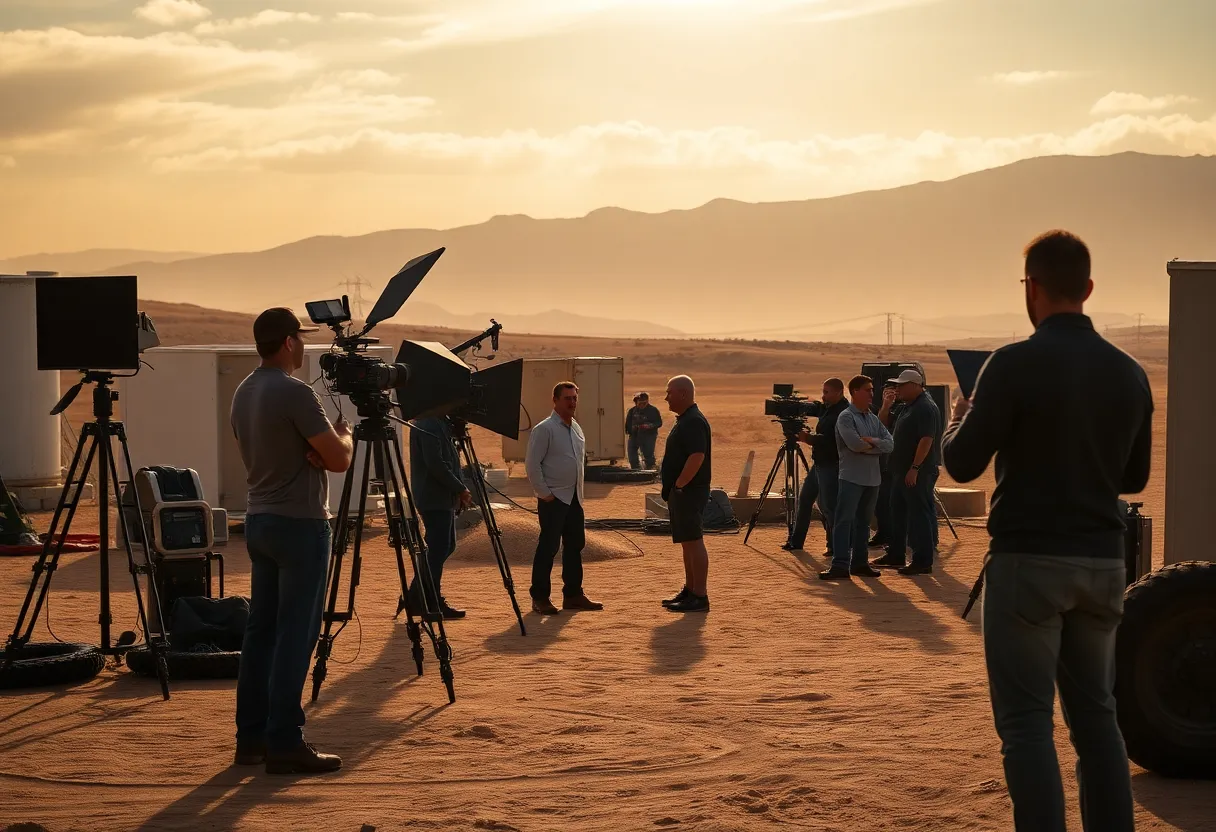 Film crew working on a dramatic California film set