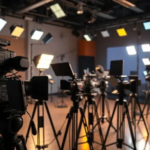 Equipment used in California film production showcasing cameras and lights.