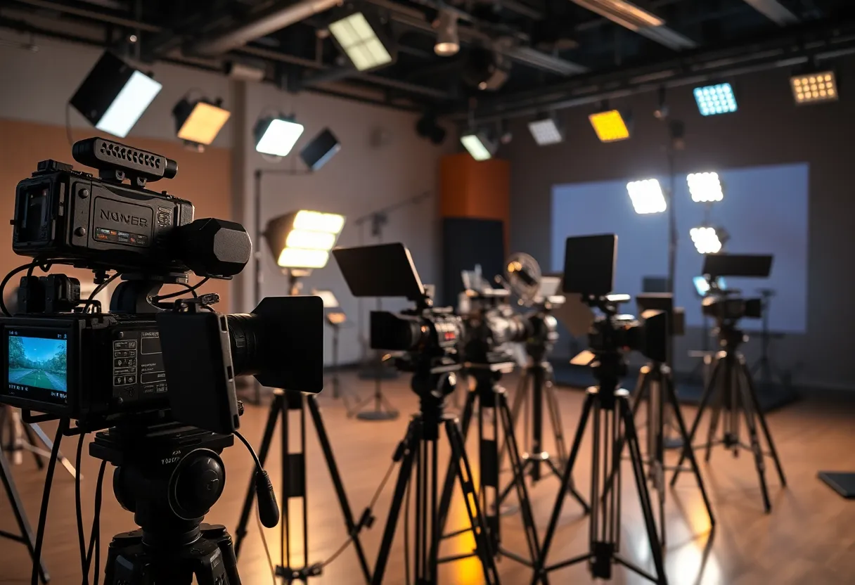 Equipment used in California film production showcasing cameras and lights.