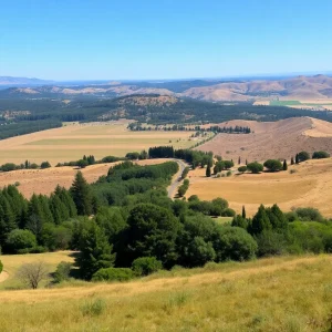 California landscape showing green and dry areas