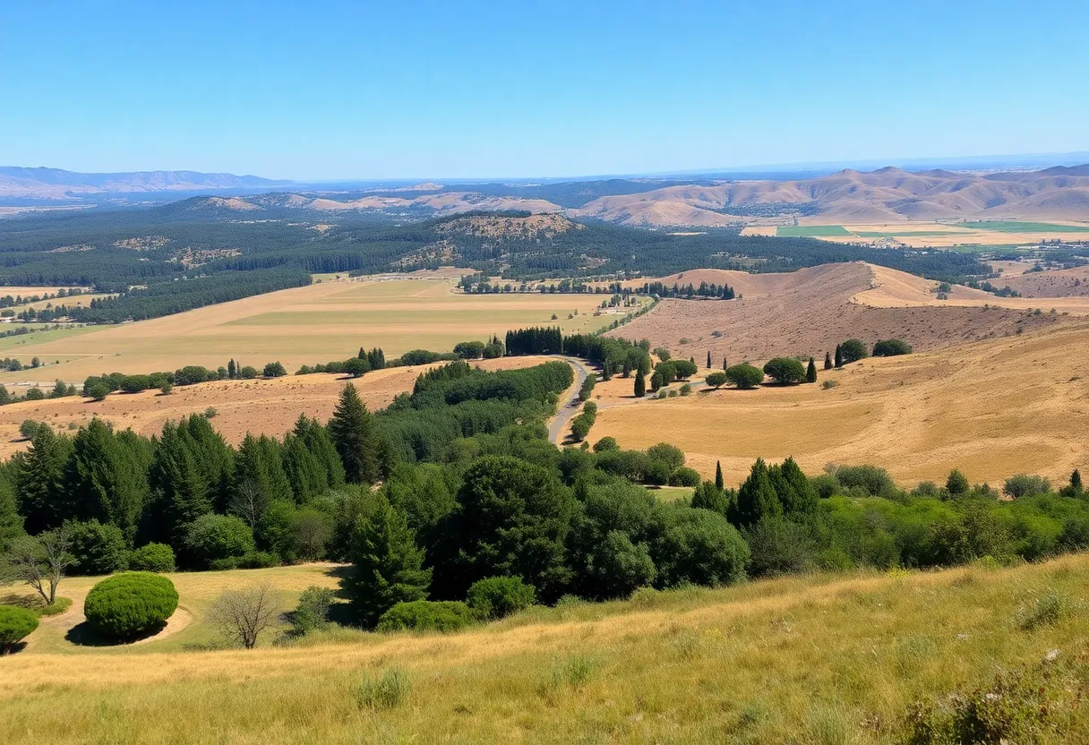 California landscape showing green and dry areas