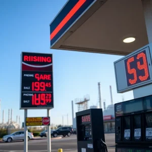 Gas station sign showing rising prices in California amid refinery closures
