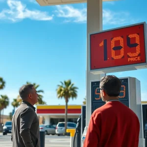 Customer at a California gas station looking at high fuel prices