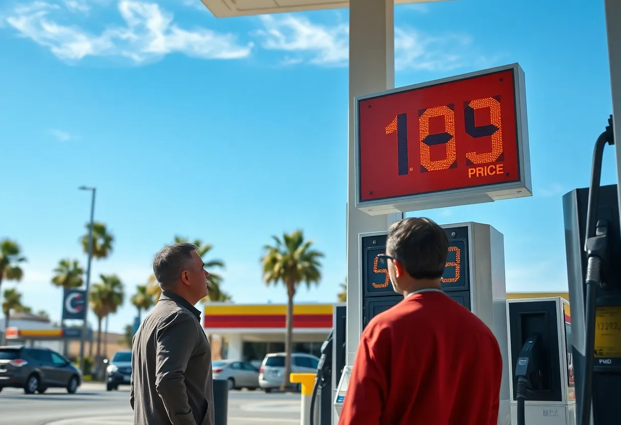 Customer at a California gas station looking at high fuel prices
