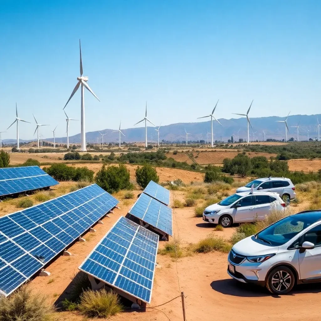 California landscape showcasing renewable energy sources like solar panels and wind turbines.
