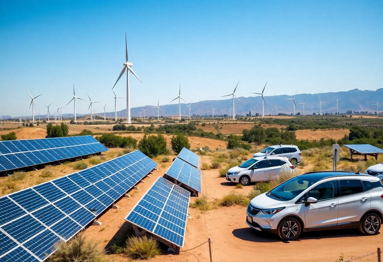 California landscape showcasing renewable energy sources like solar panels and wind turbines.