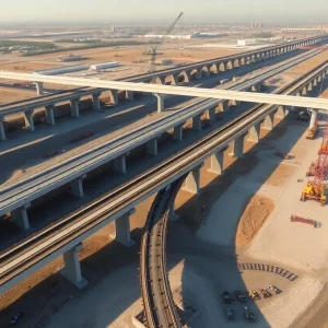Construction site of the California high-speed rail project with cranes and structures.