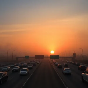 Polluted California highway with cars