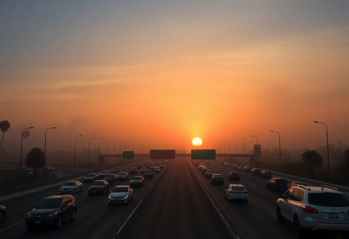 Polluted California highway with cars