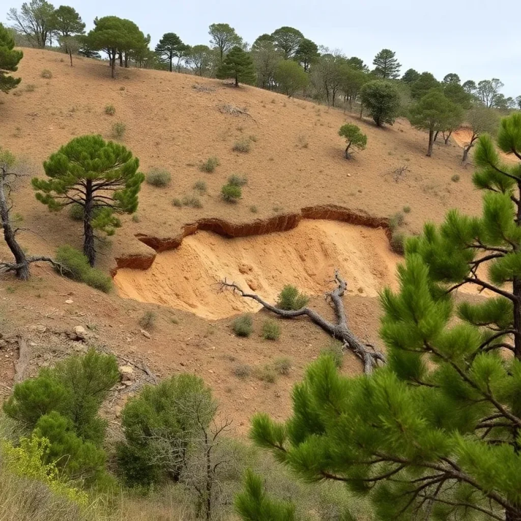 Hillside with landslide damage in California