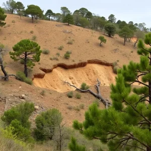 Hillside with landslide damage in California