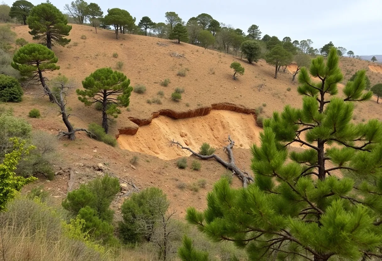 Hillside with landslide damage in California