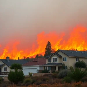 Visual representation of California homes with symbols of rising insurance costs amidst wildfire risks.