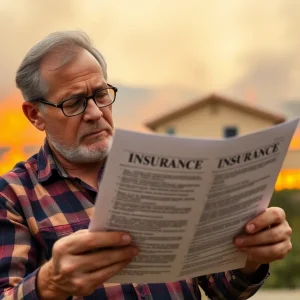 A California homeowner concerned about insurance options with wildfires in the background.