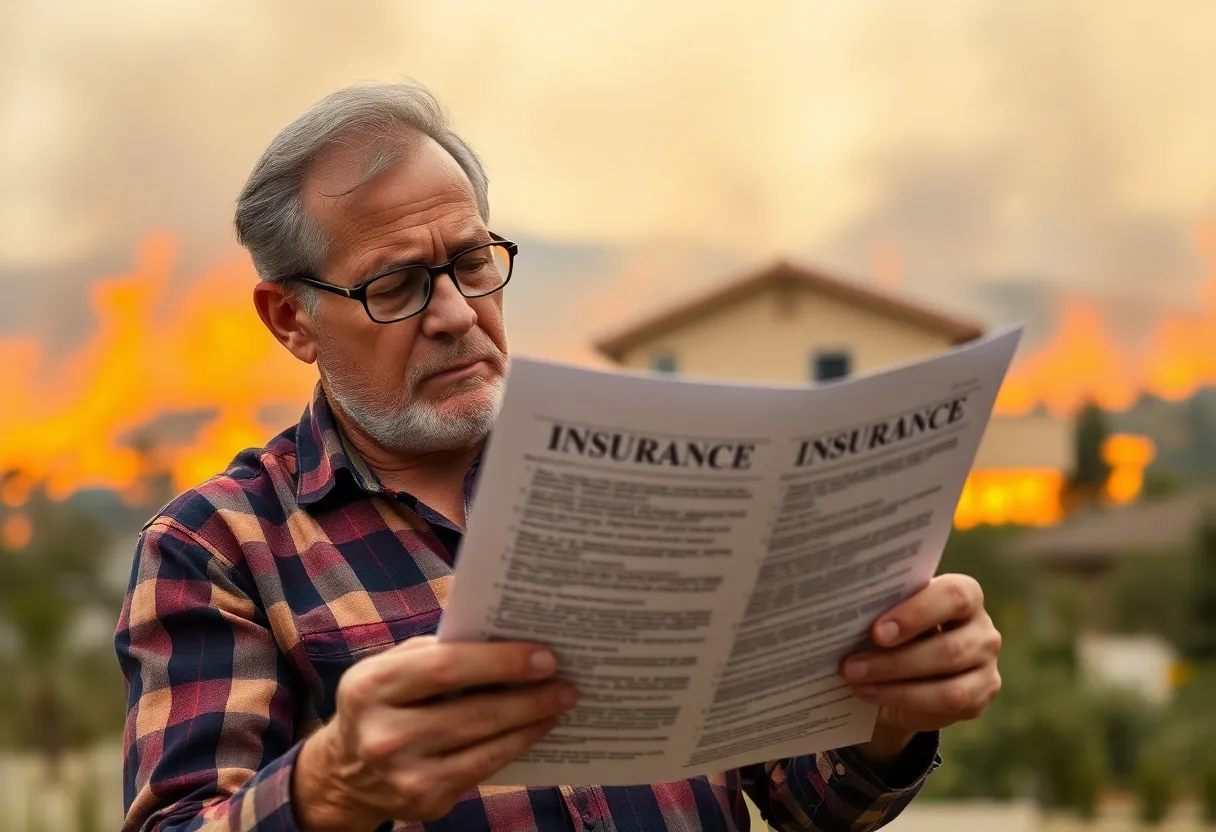 A California homeowner concerned about insurance options with wildfires in the background.
