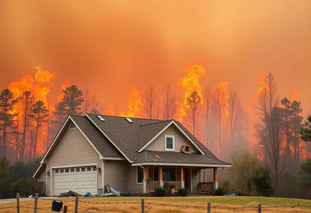 A house in a wildfire-affected area illustrating the impact of climate change on homeowners' insurance.