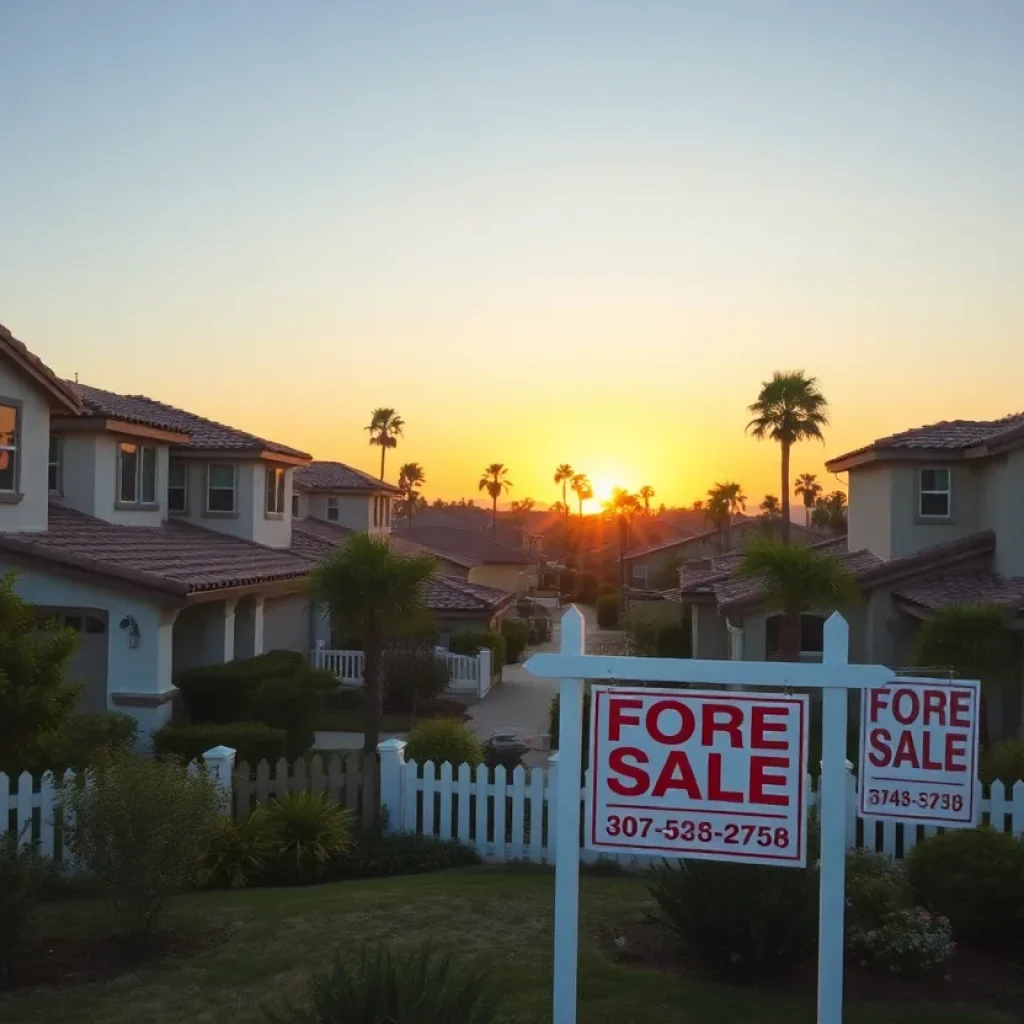 A suburban neighborhood in California with homes and 'For Sale' signs.