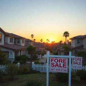A suburban neighborhood in California with homes and 'For Sale' signs.
