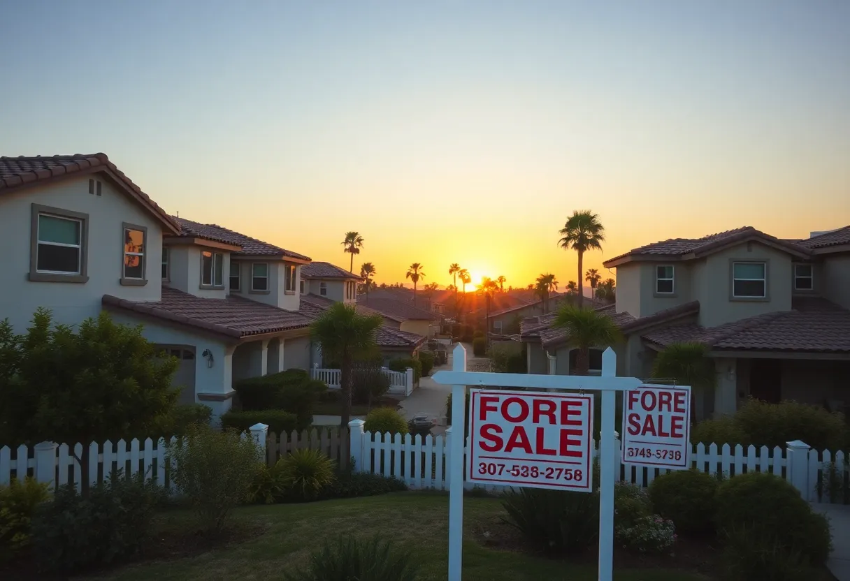 A suburban neighborhood in California with homes and 'For Sale' signs.