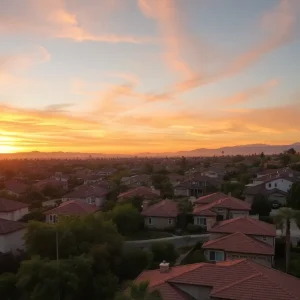 Aerial view of a California neighborhood with homes and greenery