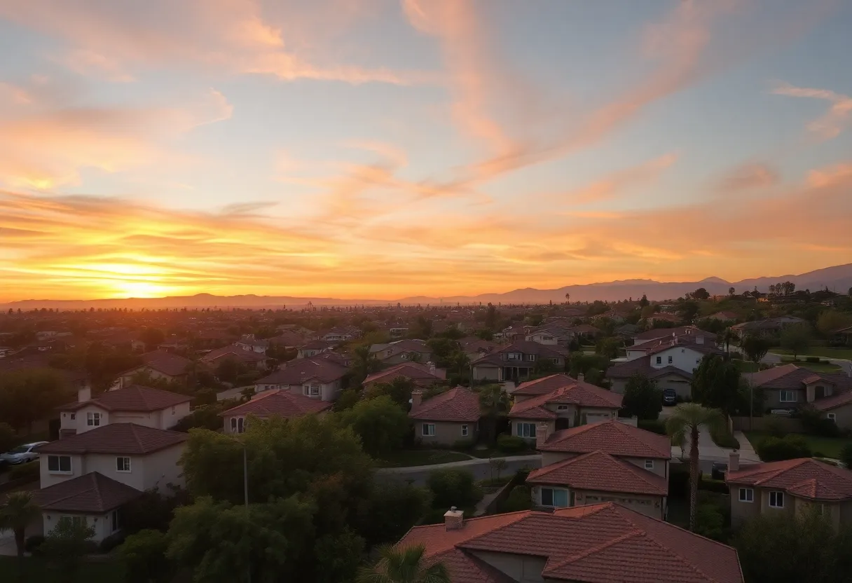 Aerial view of a California neighborhood with homes and greenery