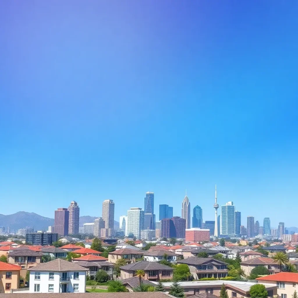 Skyline view of California showcasing modern homes amidst economic symbols.