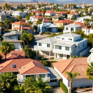 A vibrant California neighborhood highlighting diverse home styles