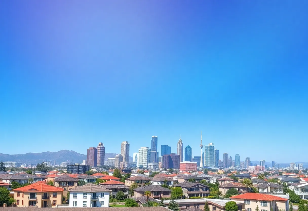 Skyline view of California showcasing modern homes amidst economic symbols.