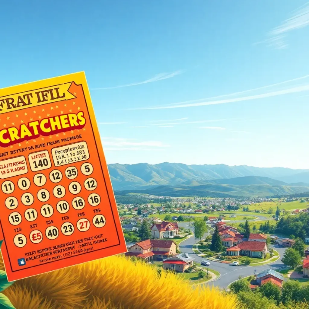 Image of a Scratchers lottery ticket set against a California town backdrop.