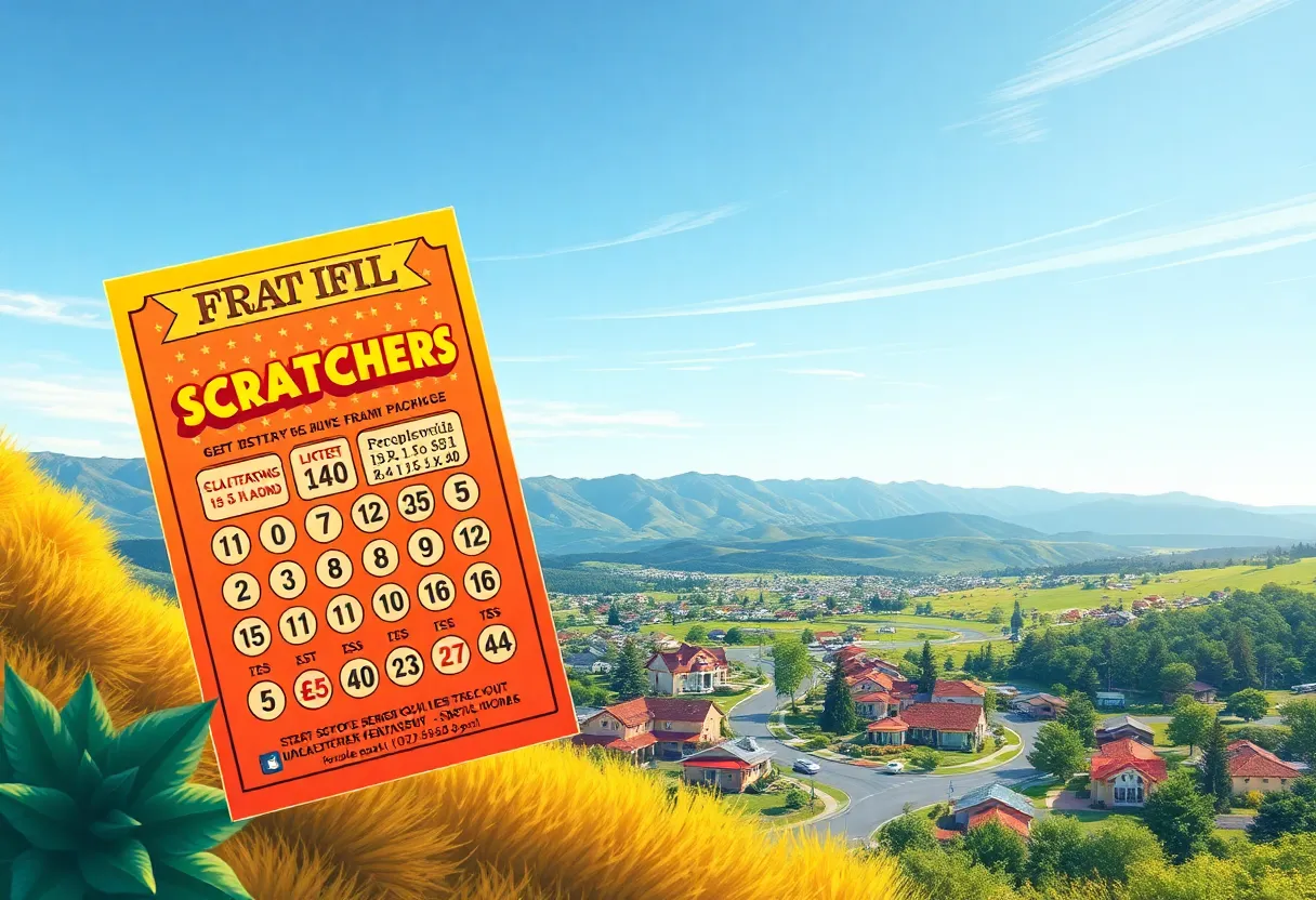 Image of a Scratchers lottery ticket set against a California town backdrop.
