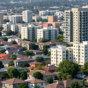 Urban landscape of California showcasing affordable housing options alongside expensive apartments.