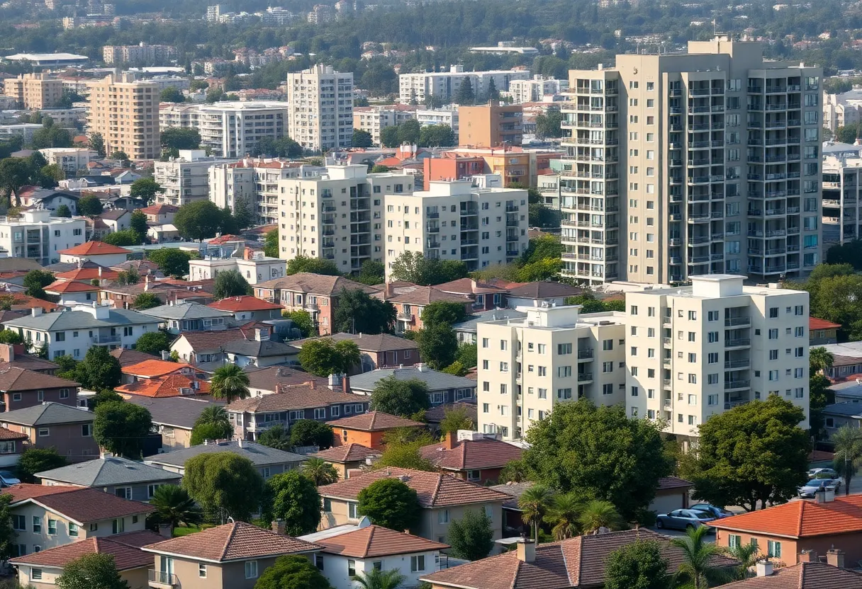 Urban landscape of California showcasing affordable housing options alongside expensive apartments.