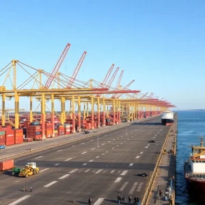 A California port with fewer ships and containers indicating reduced activity