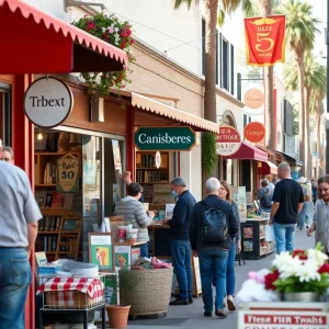 Small business district in California with various shop owners and customers.