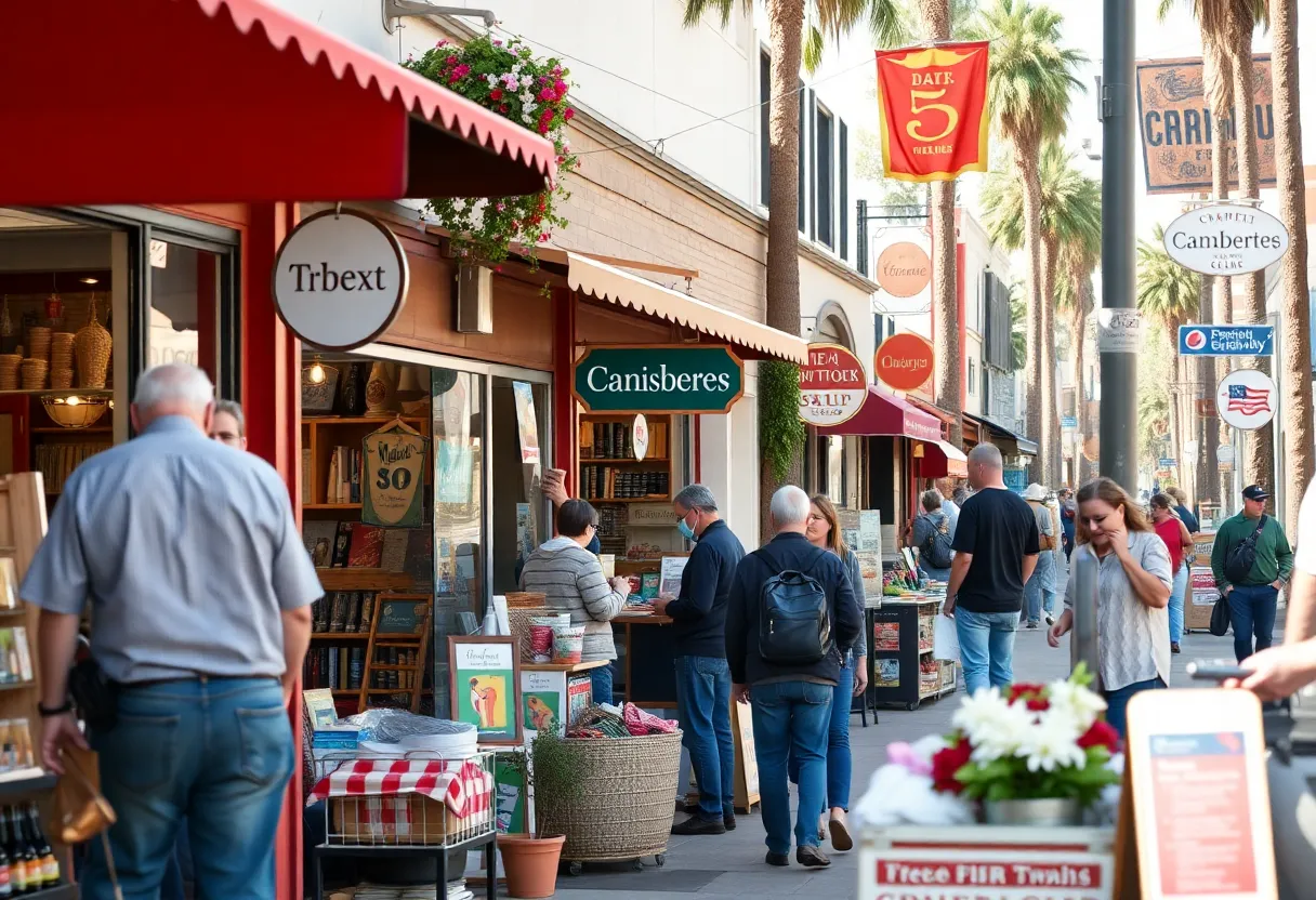 Small business district in California with various shop owners and customers.