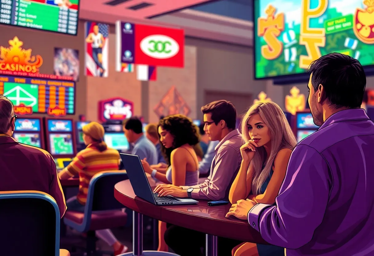 An engaging scene of individuals involved in sports betting activities in California.