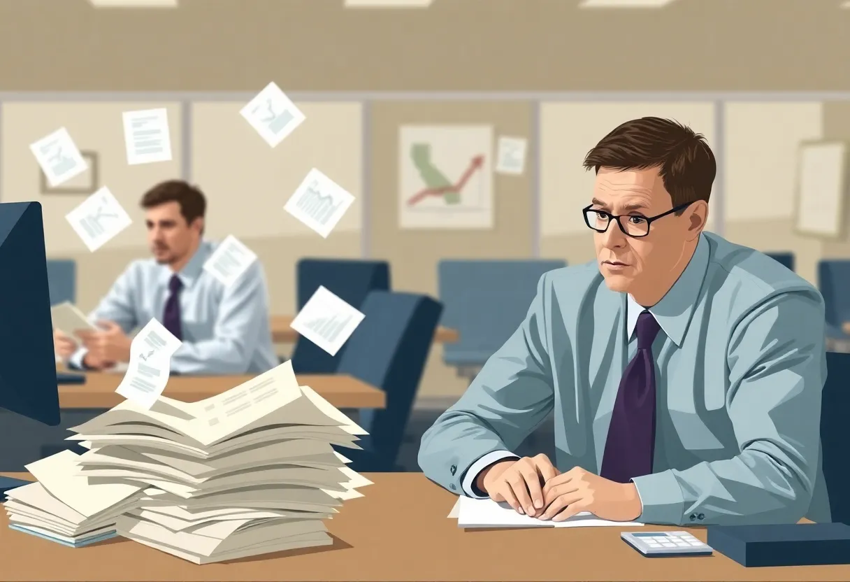 Illustration of concerned California state workers facing budget cuts