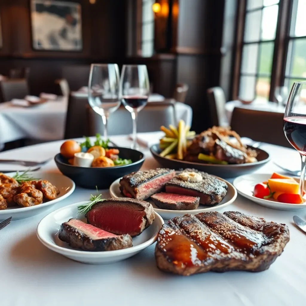 Dining setup in a California steakhouse with various steak dishes