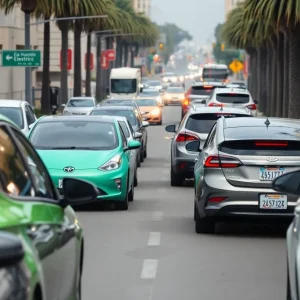 Ambiguous street scene in California with electric and gasoline cars