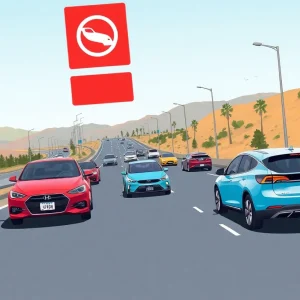 Illustration of California's highway with gas-powered and electric vehicles