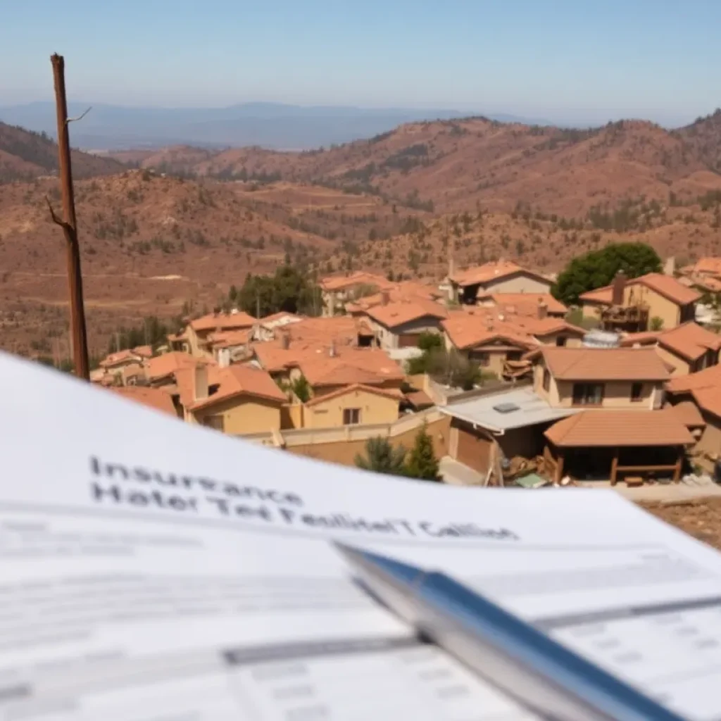 View of a wildfire-damaged property in California with insurance documents in the foreground
