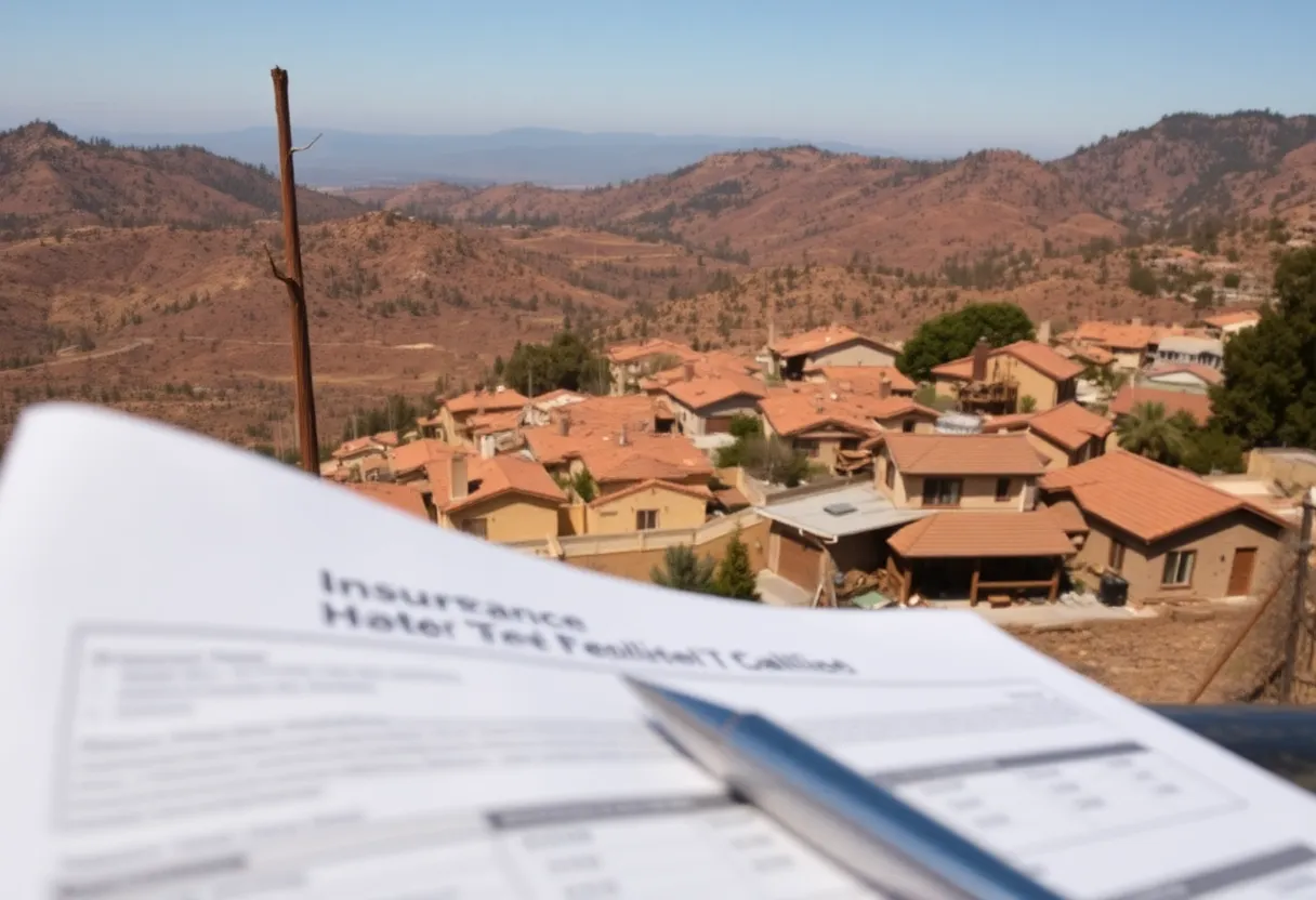 View of a wildfire-damaged property in California with insurance documents in the foreground