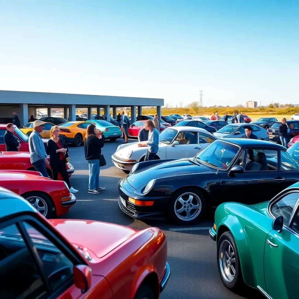 Car enthusiasts gathering at Cars and Coffee event in Anaheim