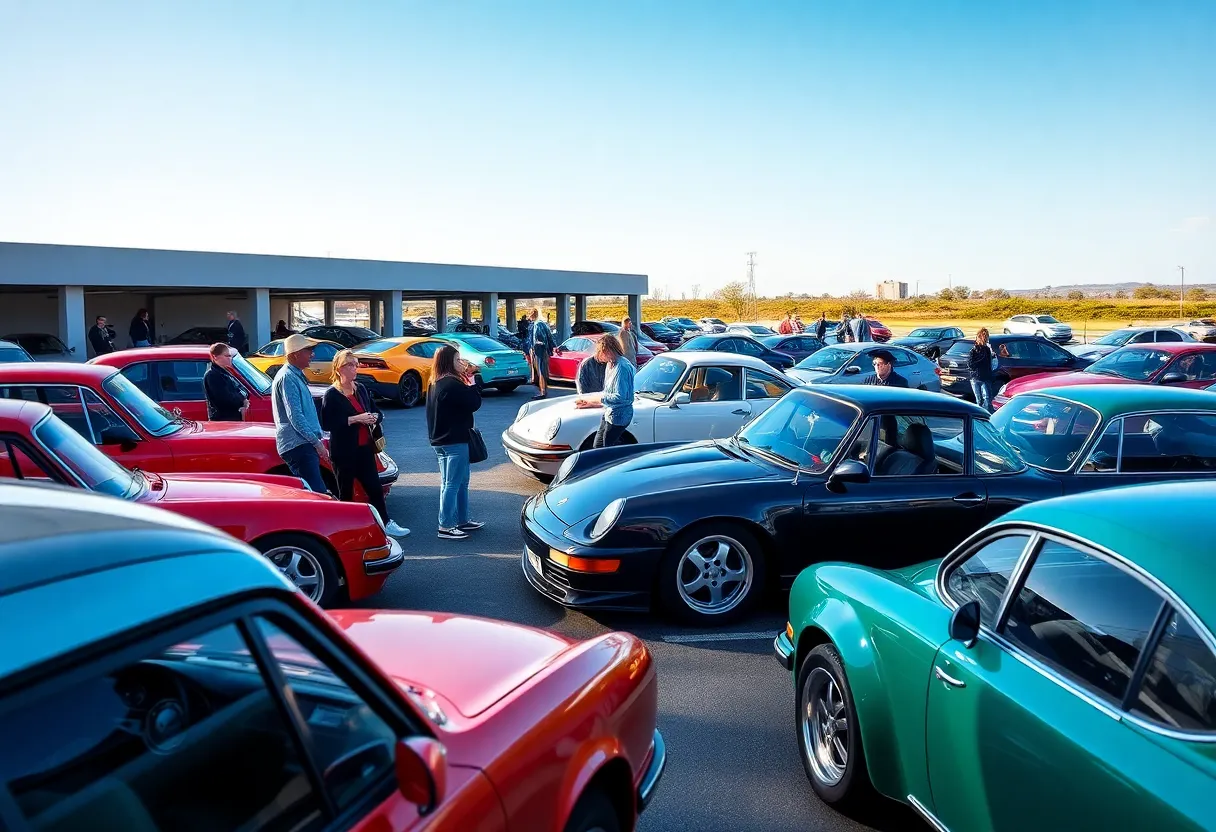 Car enthusiasts gathering at Cars and Coffee event in Anaheim