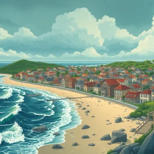 Illustration of a coastal town threatened by flooding from earthquake effects