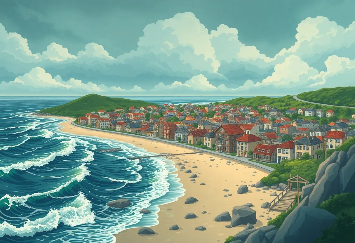 Illustration of a coastal town threatened by flooding from earthquake effects