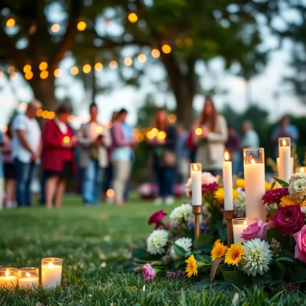 Candles and flowers at a memorial for loved ones in the community.