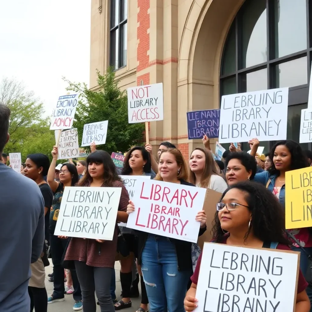 A diverse group protesting for library access outside a public library